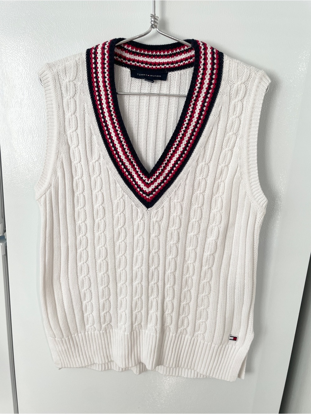 Tommy Hilfiger White Cable Knit Sweater Vest with Red & Navy Trim
